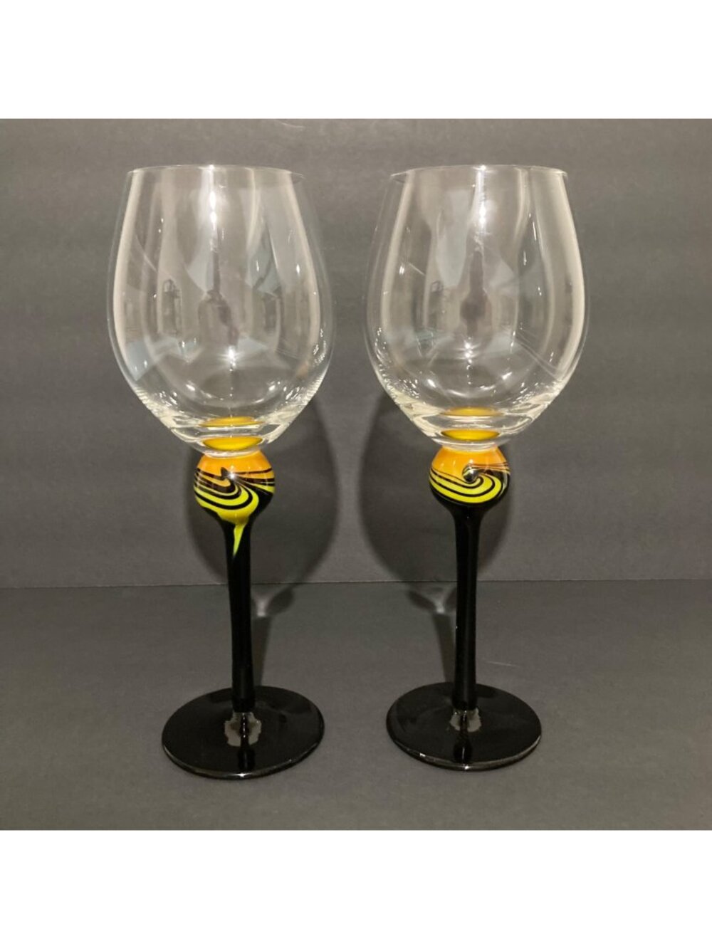 Retired Di Sciacca Cats Eye Wine Glasses Black Stem With Yellow Ball